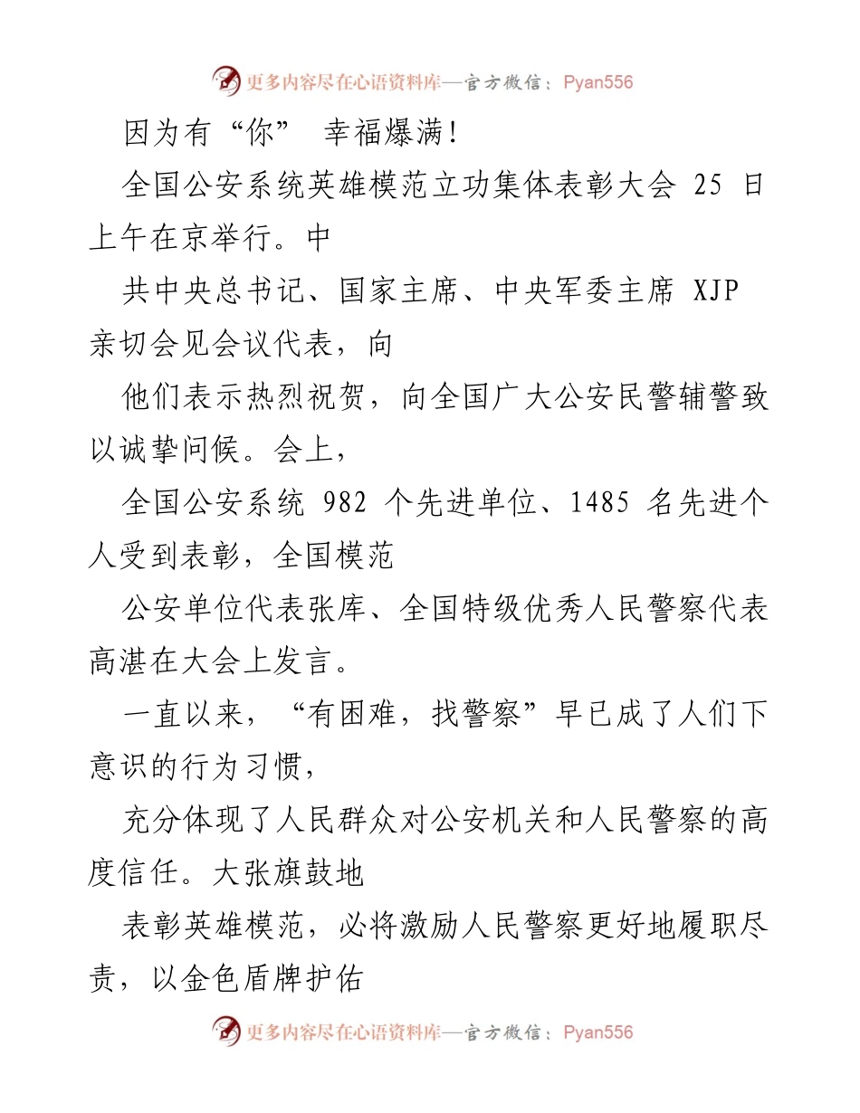 [发言] 全国公安系统英雄模范立功集体表彰大会 - 向英雄模范致敬，激励公安民警履职尽责.docx_第1页
