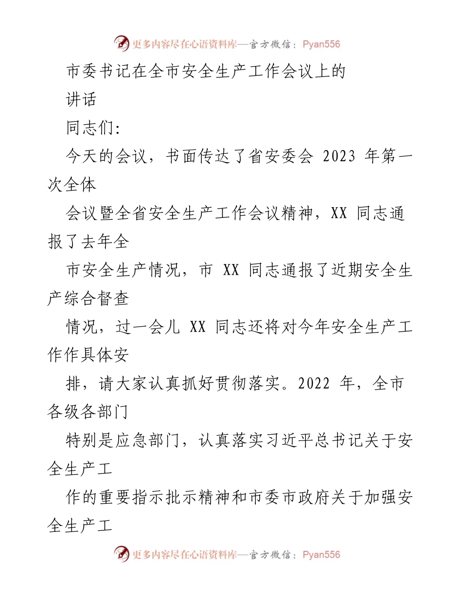 [发言] 全市安全生产工作会议 - 加强安全生产工作，确保人民生命财产安全_1.docx_第1页
