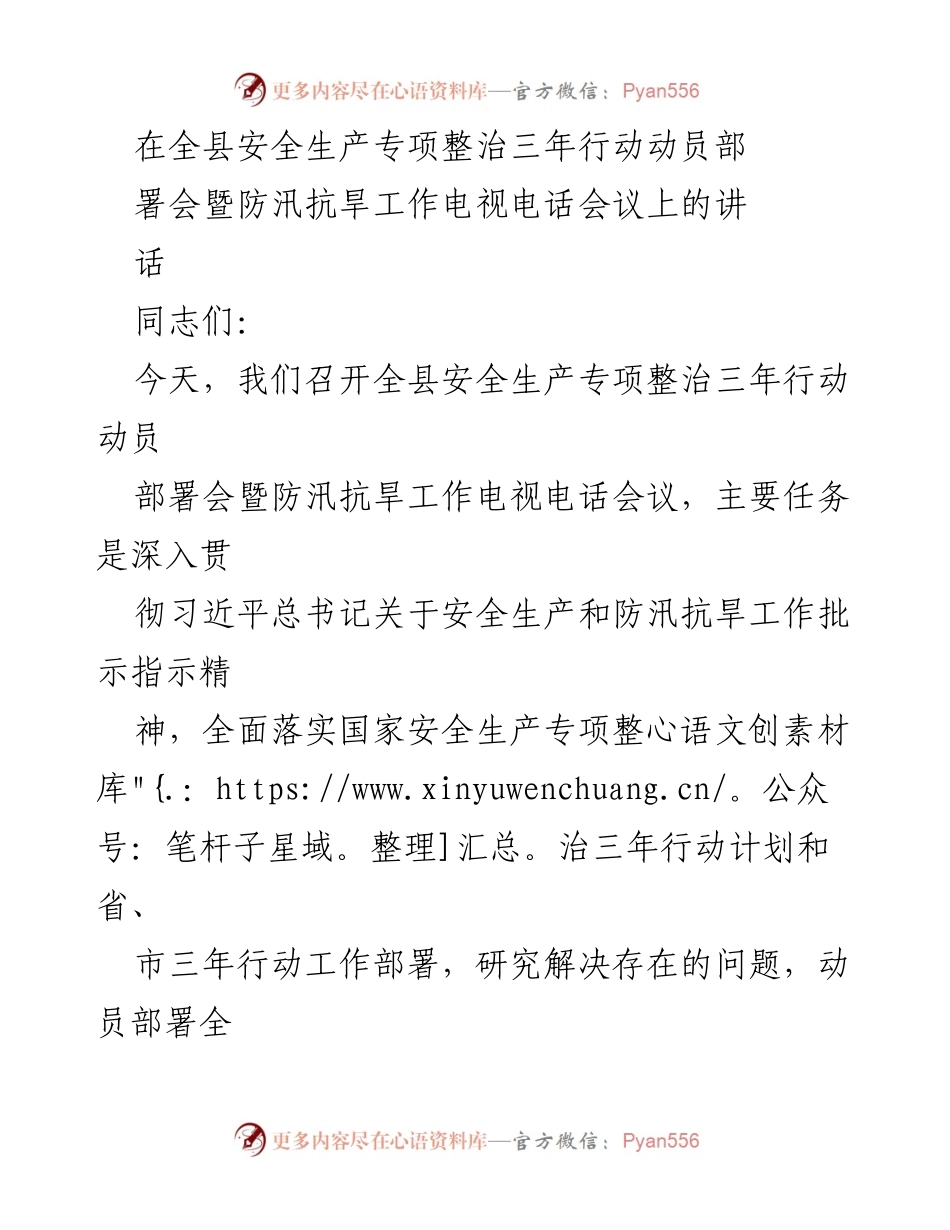 [发言] 全县安全生产专项整治动员部署会 - 强化安全生产意识，落实专项整治行动.docx_第1页