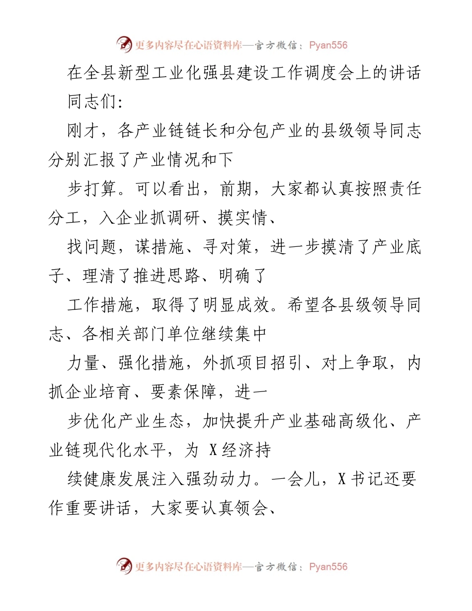 [发言] 全县新型工业化强县建设工作调度会 - 强化产业链发展，助力经济持续健康增长.docx_第1页
