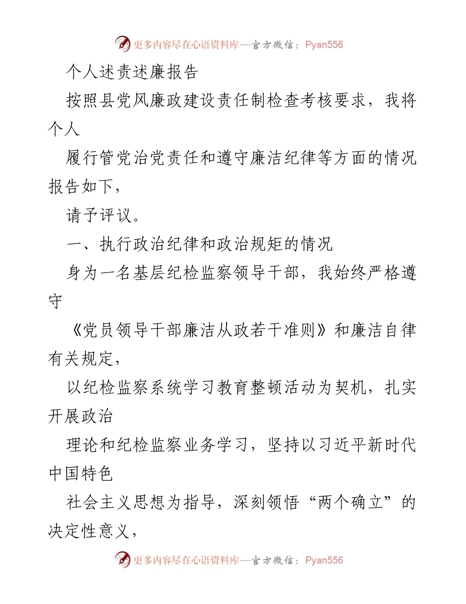 [发言] 党风廉政建设检查 - 个人述责述廉报告.docx_第1页