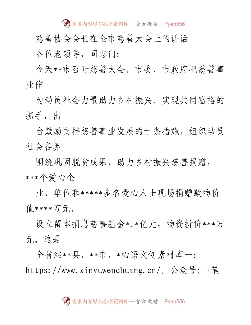 [发言] 全市慈善大会 - 慈善事业助力乡村振兴的重要性与未来展望.docx_第1页