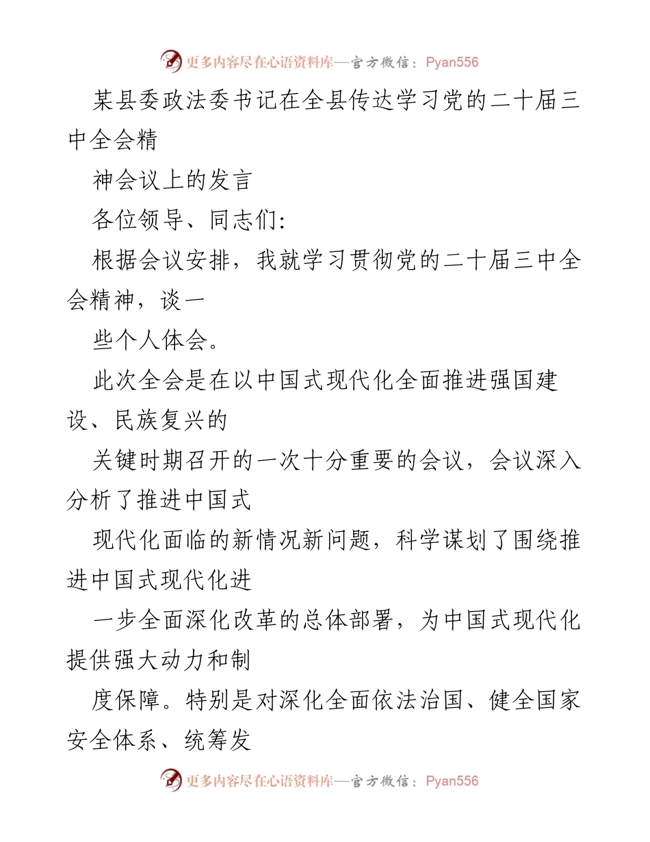 [发言] 全县传达学习会议 - 深入学习贯彻党的二十届三中全会精神的重要性与实施路径.docx_第1页