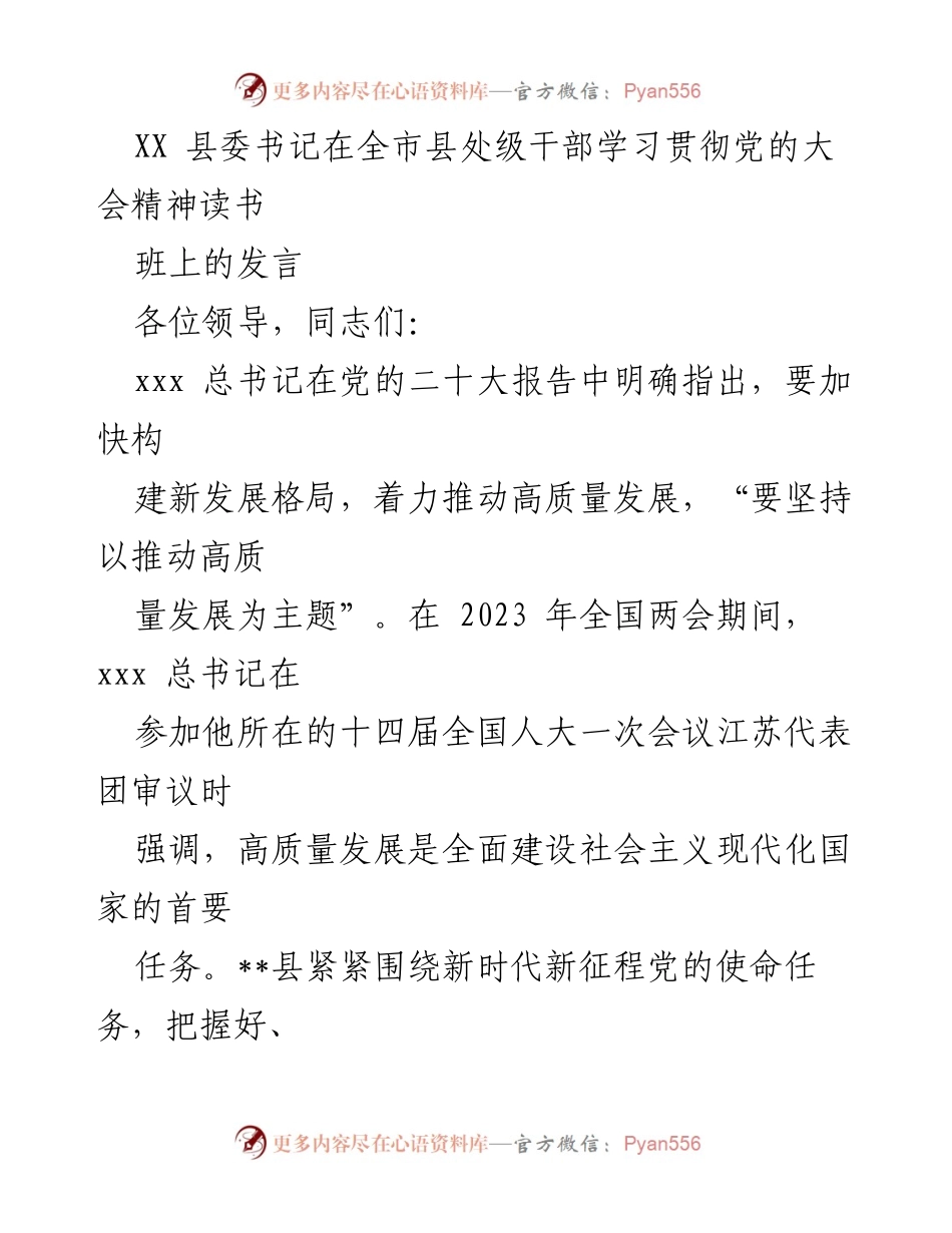 [发言] 全市县处级干部学习贯彻党的大会精神读书班 - 坚持高质量发展，落实党的二十大精神.docx_第1页