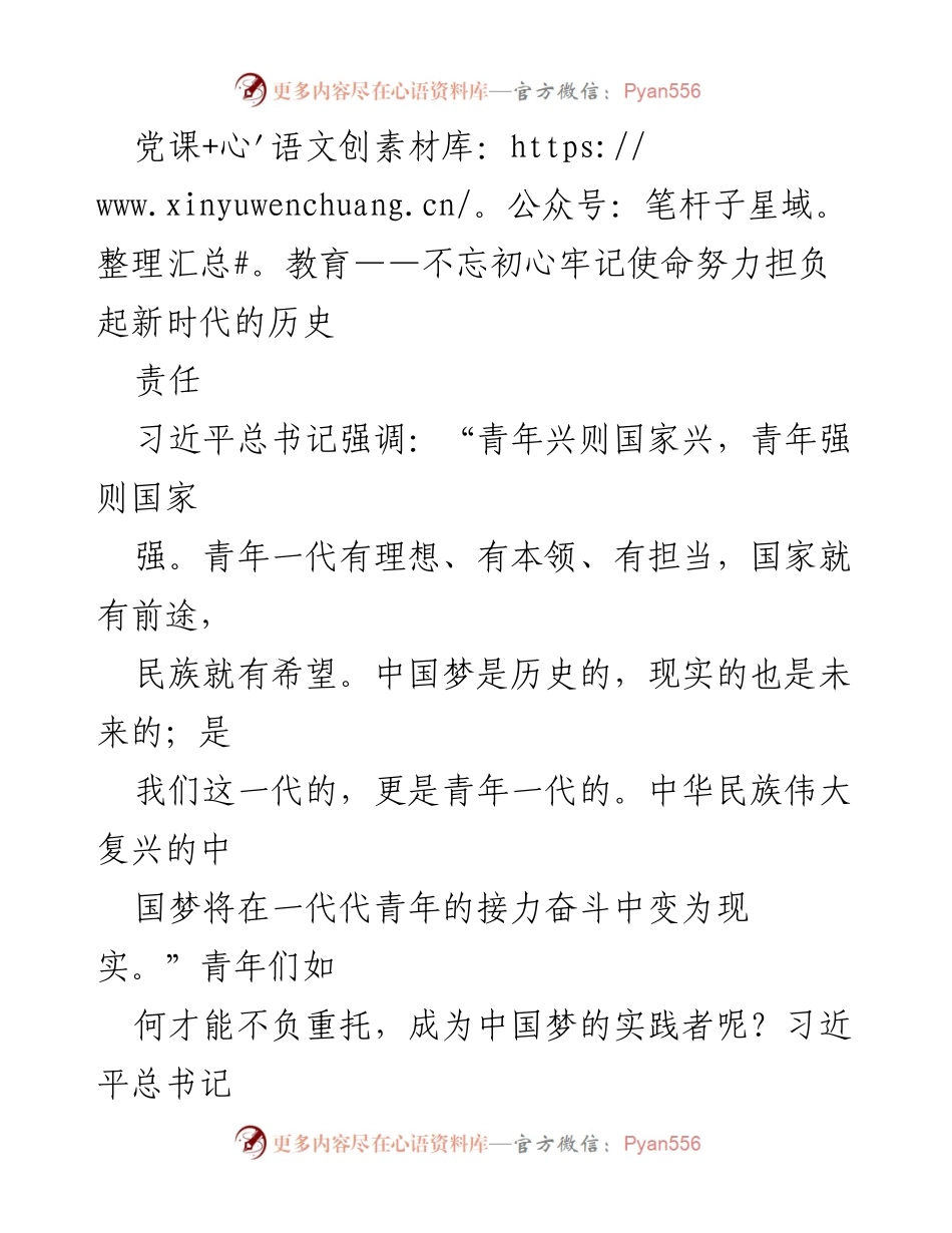 [发言] 党课教育 - 青年党员的责任与使命：不忘初心，牢记使命.docx_第1页