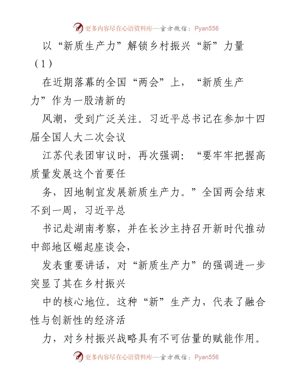 [发言] 全国“两会”后座谈会 - 解锁乡村振兴的新力量：新质生产力的核心作用.docx_第1页