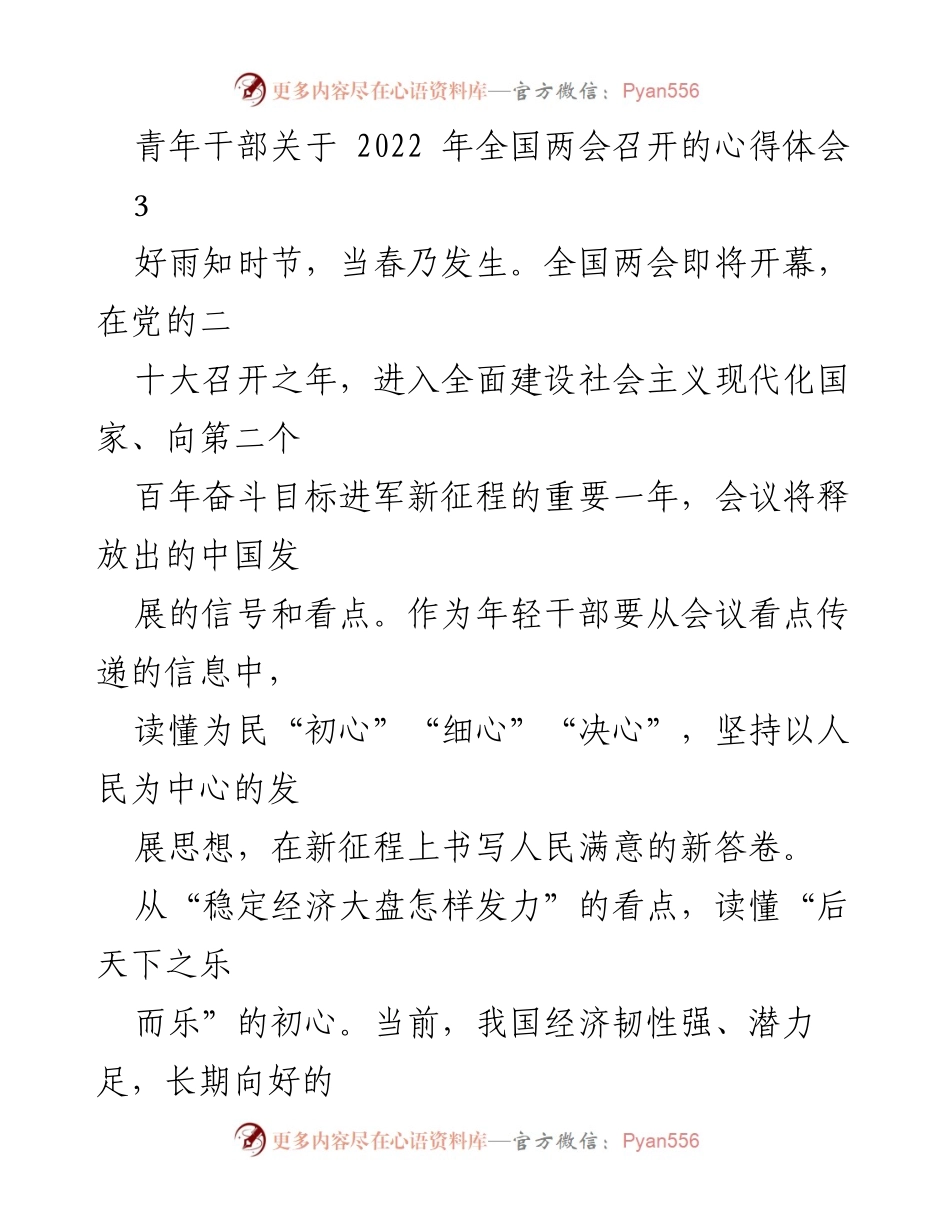 [发言] 全国两会 - 青年干部在全国两会上的心得体会.docx_第1页