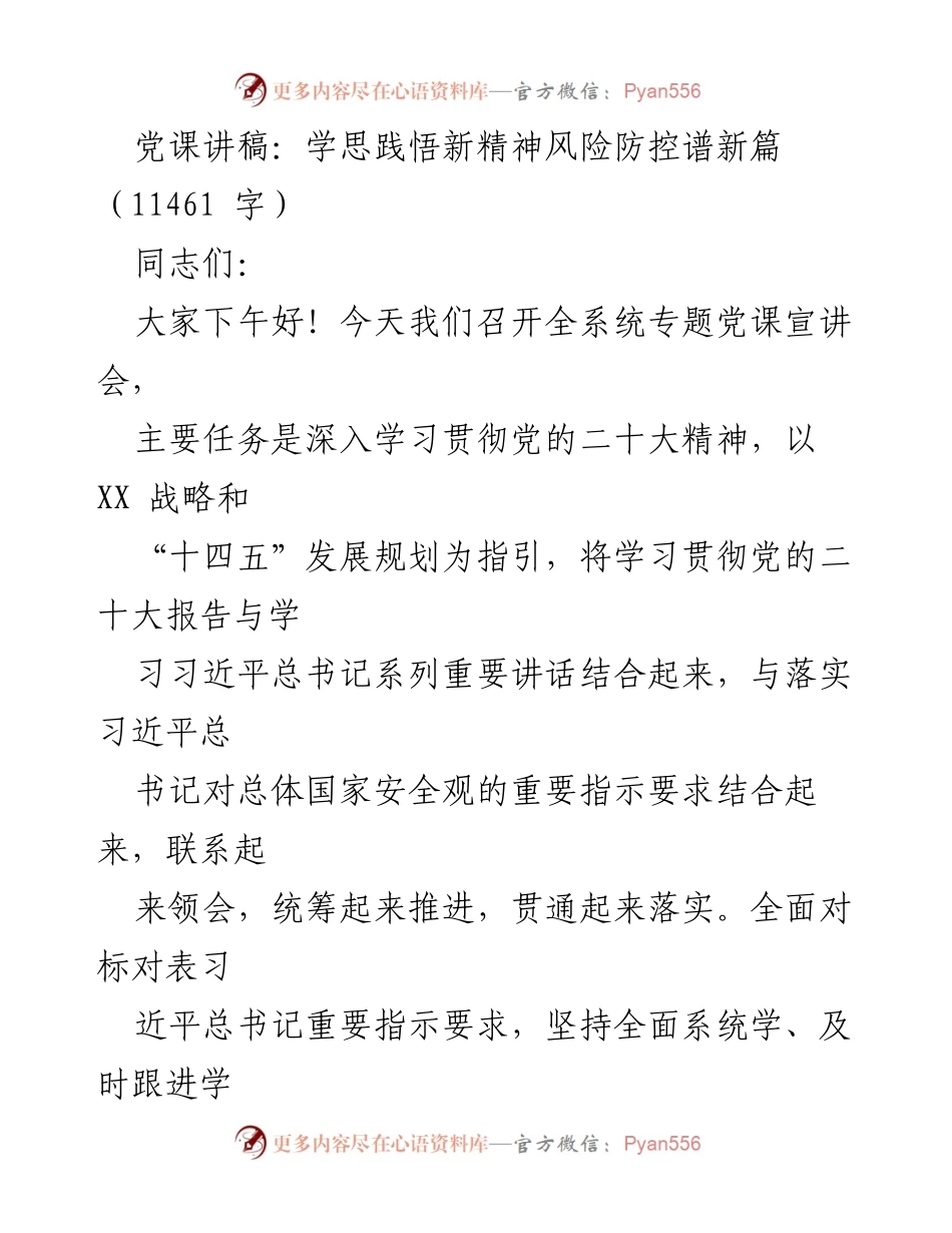 [发言] 党课宣讲会 - 深入学习贯彻党的二十大精神，推动风险防控工作新篇章.docx_第1页