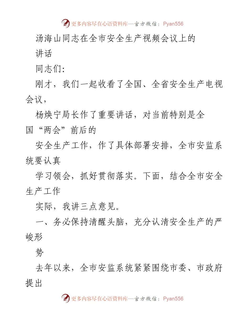 [发言] 全市安全生产视频会议 - 汪海山同志讲话强调安全生产工作的重要性与当前形势.docx_第1页