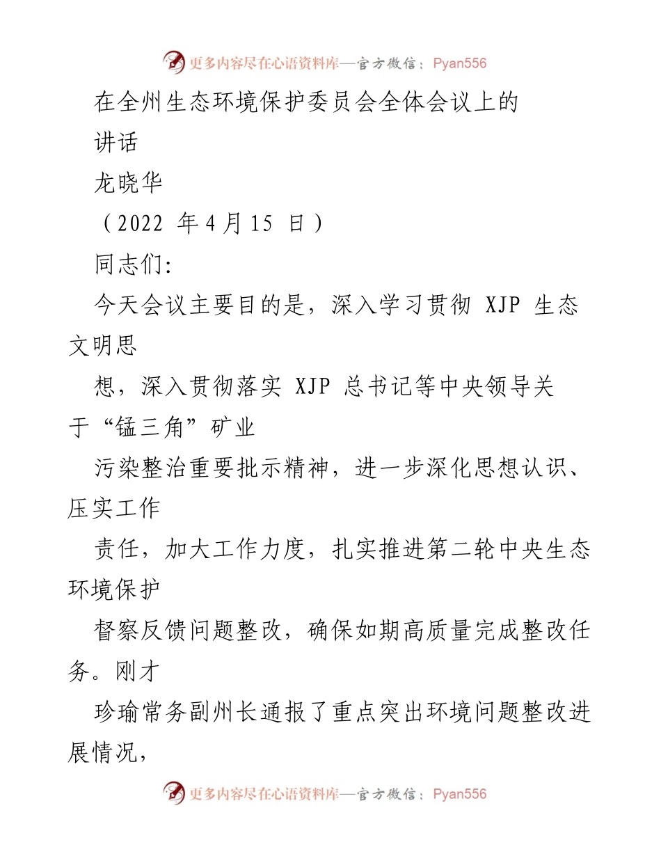 [发言] 全州生态环境保护委员会全体会议 - 强调生态环境问题整改的重要性与责任.docx_第1页