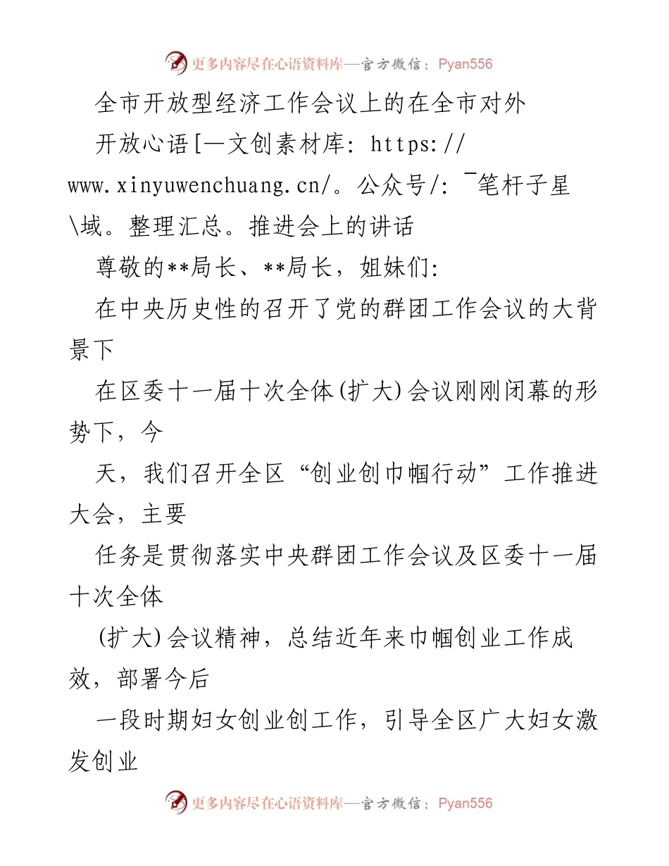 [发言] 全市开放型经济工作会议 - 推动巾帼创业，助力经济发展.docx_第1页