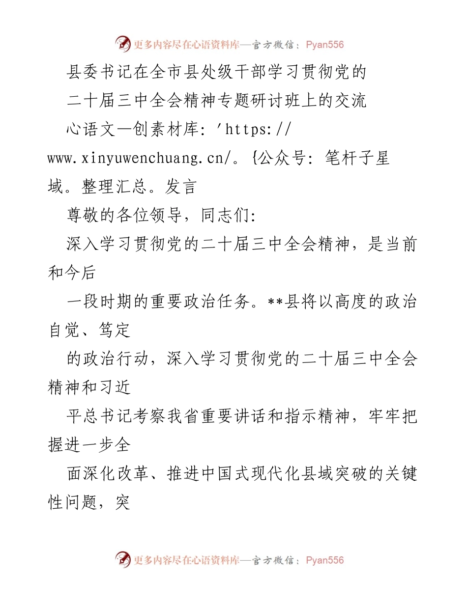 [发言] 全市县处级干部学习贯彻党的二十届三中全会精神专题研讨班 - 深入学习贯彻党的二十届三中全会精神，推动经济社会高质量发展.docx_第1页