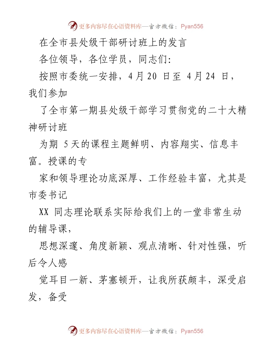 [发言] 全市县处级干部研讨班 - 深刻领会党的二十大精神，增强履职本领.docx_第1页