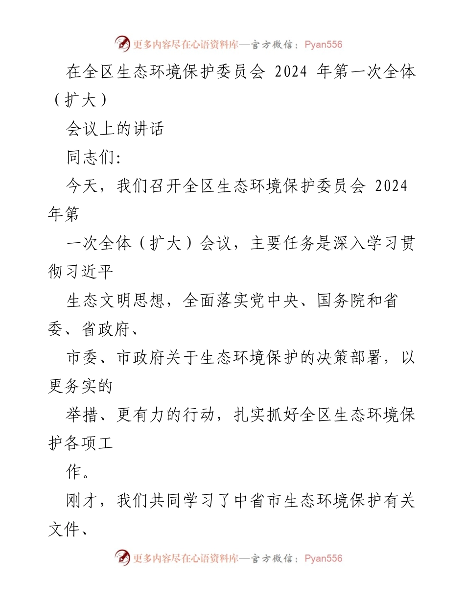 [发言] 全区生态环境保护委员会 2024 年第一次全体（扩大）会议 - 深入推进生态环境保护工作，确保落实各项决策部署.docx_第1页