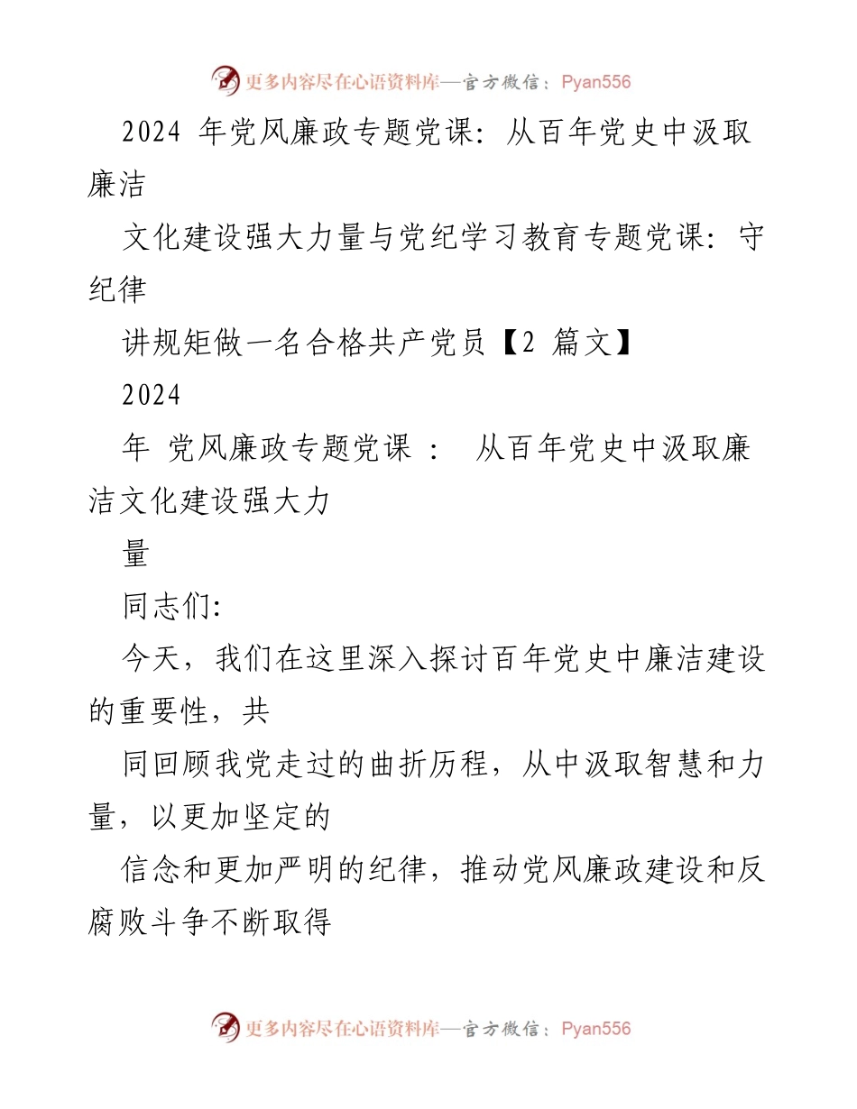 [发言] 党风廉政专题党课 - 从百年党史汲取廉洁力量，坚守纪律与规矩.docx_第1页