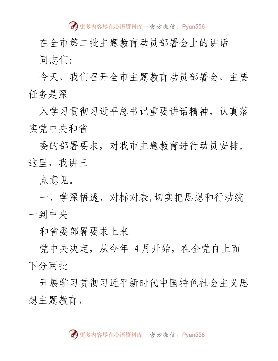 [发言] 全市主题教育动员部署会 - 深入学习贯彻习近平总书记重要讲话精神，推动全市主题教育有效开展.docx_第1页