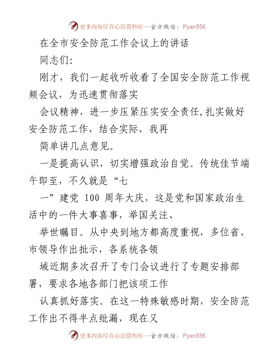 [发言] 全市安全防范工作会议 - 强化安全责任，确保节日安全防范工作落实.docx_第1页