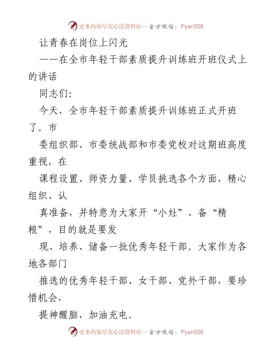 [发言] 全市年轻干部素质提升训练班开班仪式 - 让青春在岗位上闪光：培养优秀年轻干部的期望与要求.docx_第1页