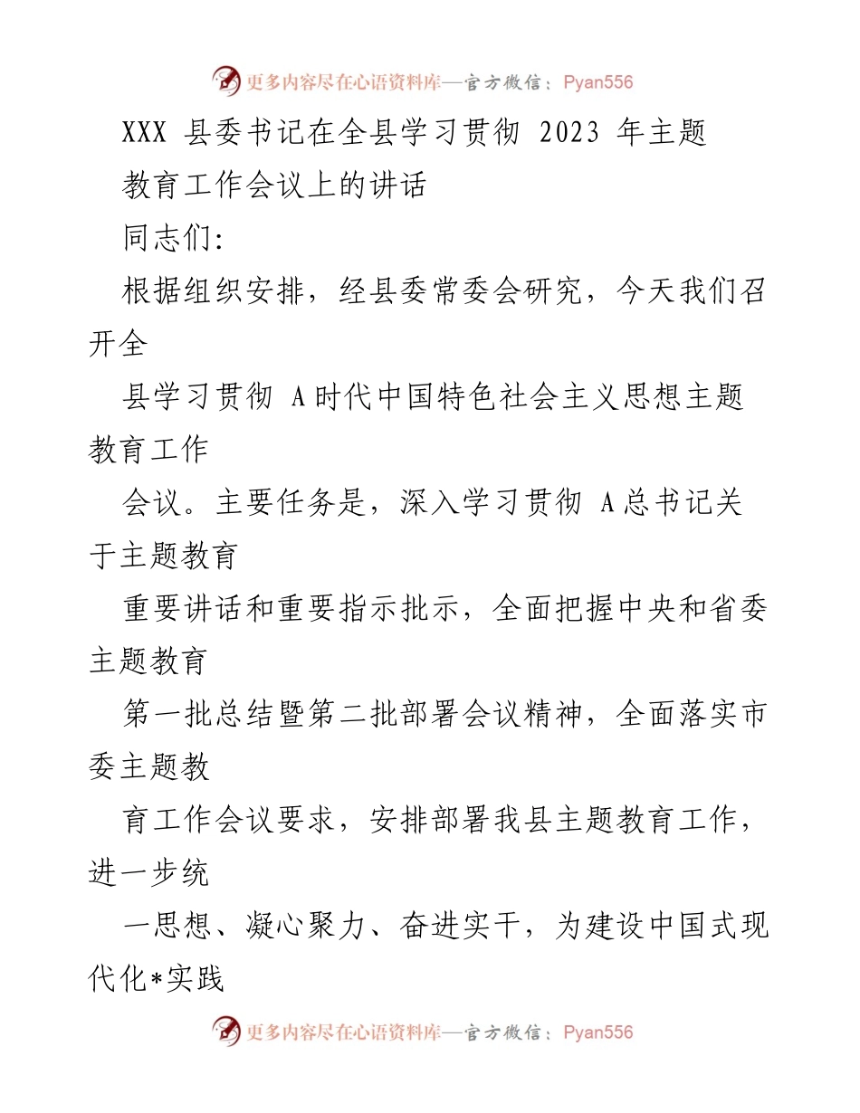 [发言] 全县学习贯彻主题教育工作会议 - 深入学习贯彻新时代中国特色社会主义思想主题教育的重要讲话.docx_第1页