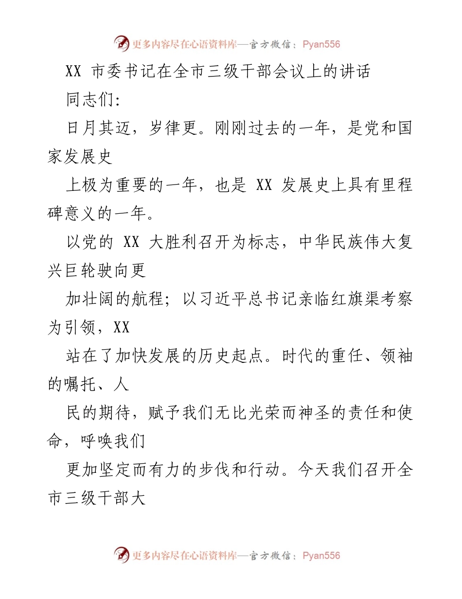 [发言] 全市三级干部会议 - 牢记领袖嘱托，奋力建设现代化中等城市.docx_第1页