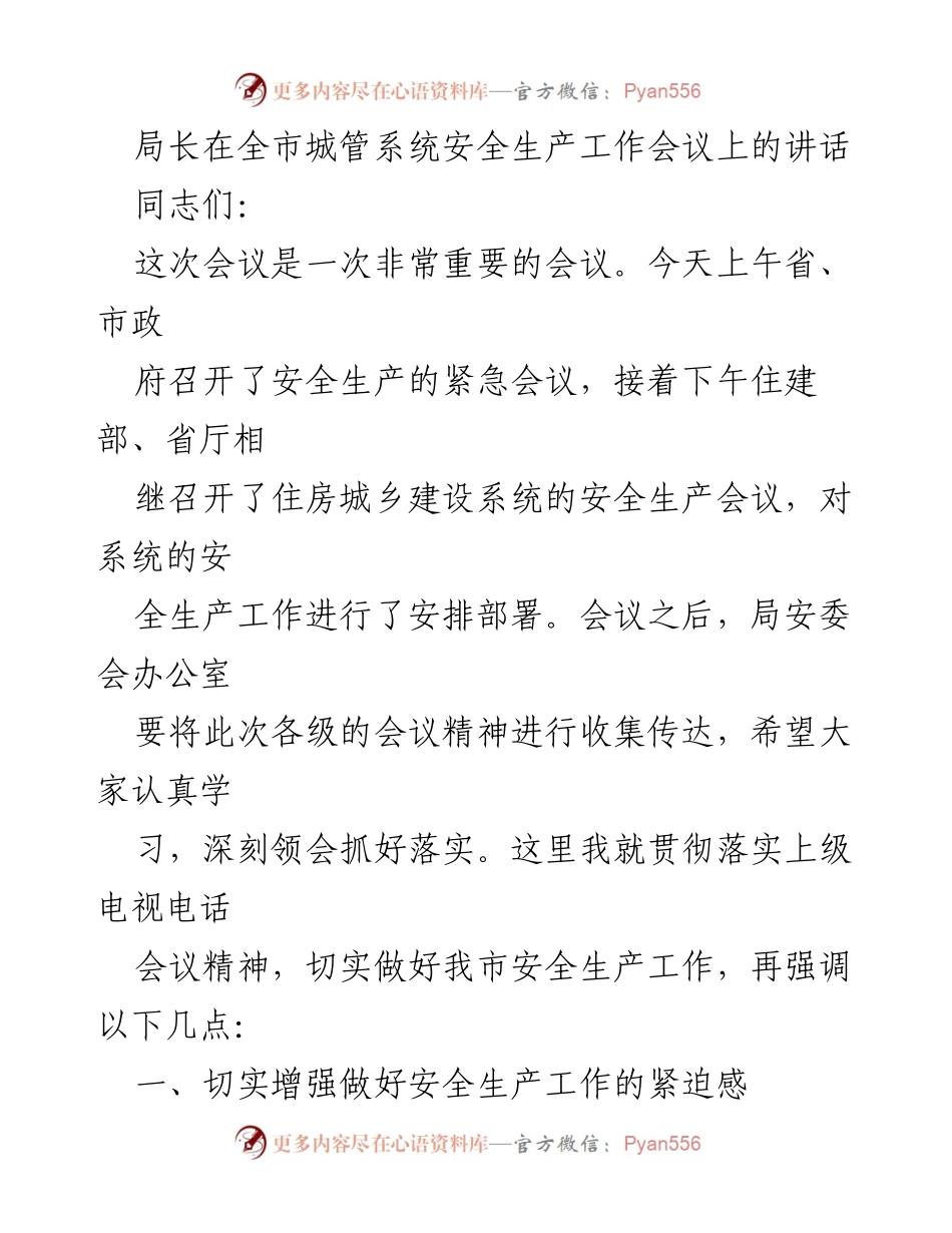 [发言] 全市城管系统安全生产工作会议 - 加强安全生产工作，维护人民生命财产安全.docx_第1页
