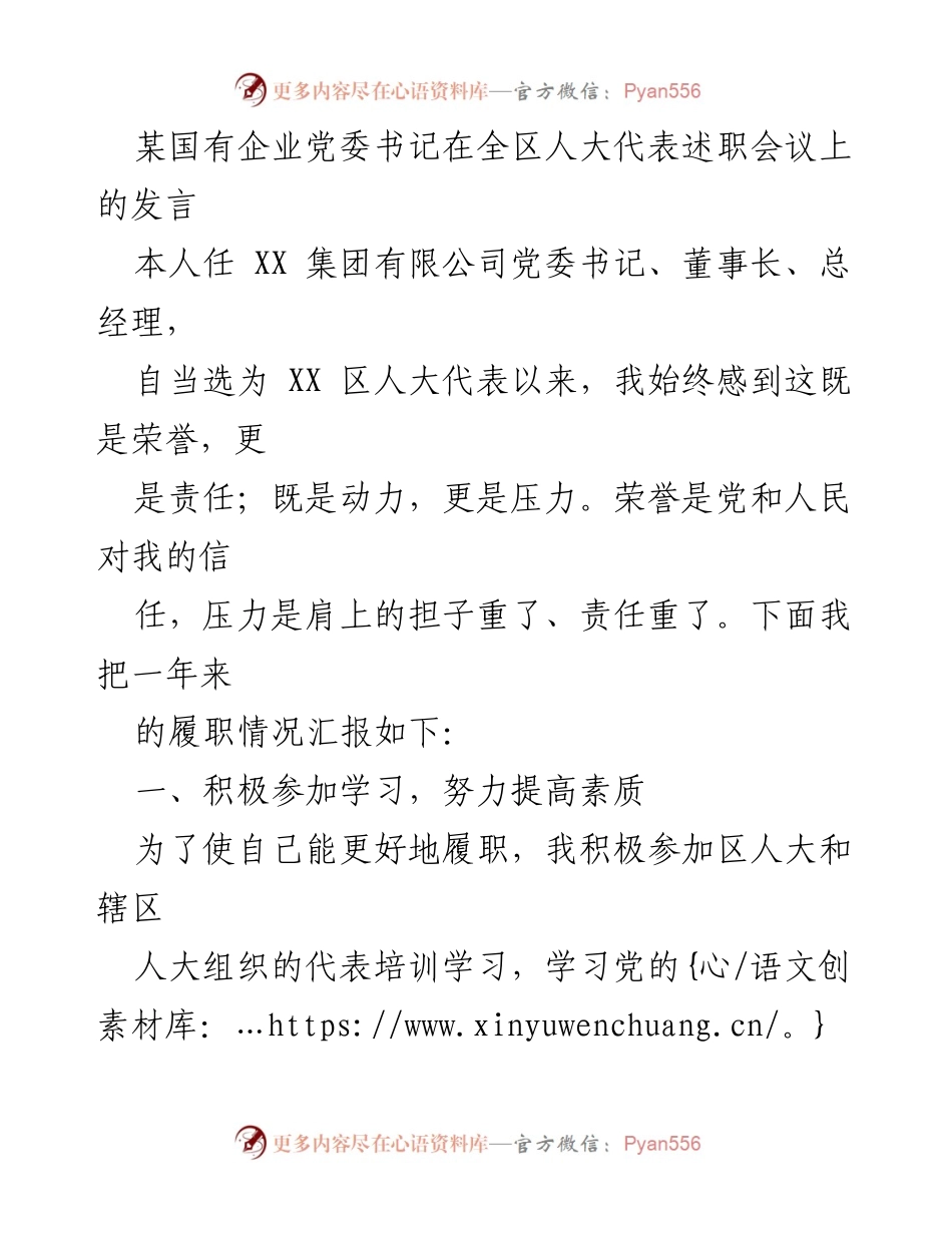 [发言] 全区人大代表述职会议 - 国企党委书记述职报告：履职情况与责任担当.docx_第1页