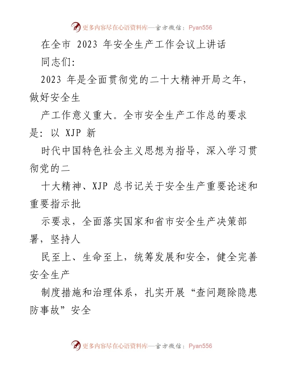 [发言] 全市安全生产工作会议 - 强化安全生产责任，确保生命安全与高质量发展.docx_第1页