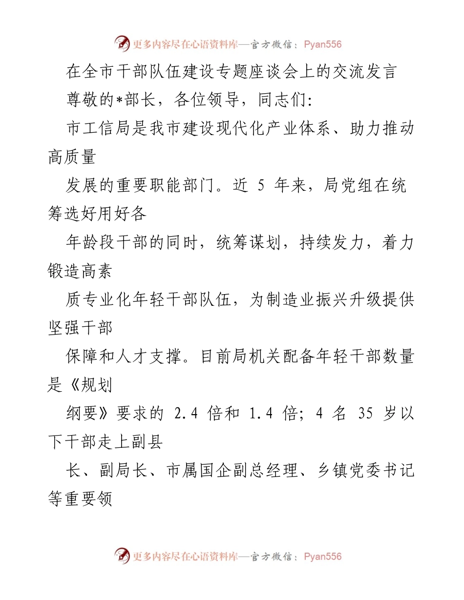 [发言] 全市干部队伍建设专题座谈会 - 加强年轻干部队伍建设，助力高质量发展.docx_第1页