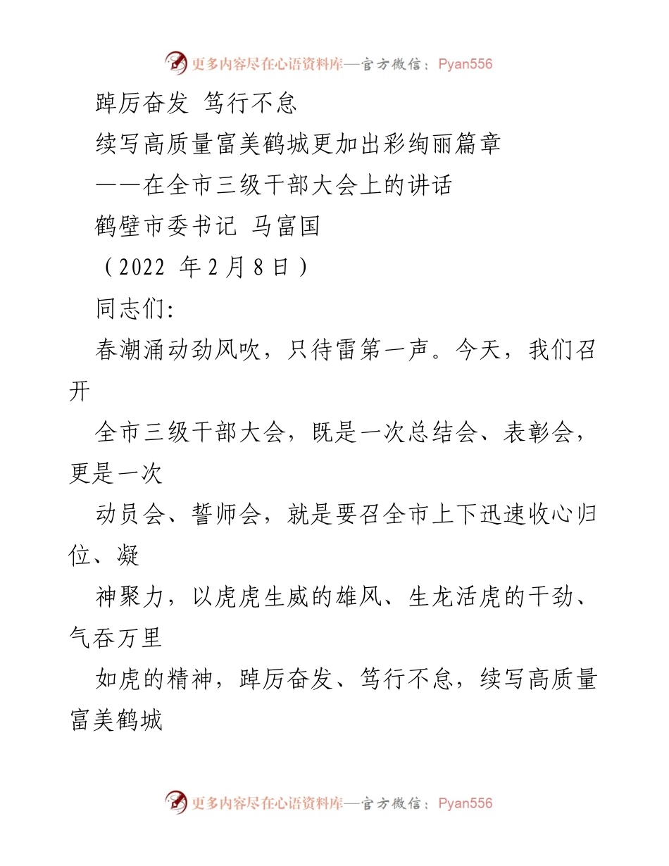 [发言] 全市三级干部大会 - 奋斗进取，续写鹤城辉煌新篇.docx_第1页