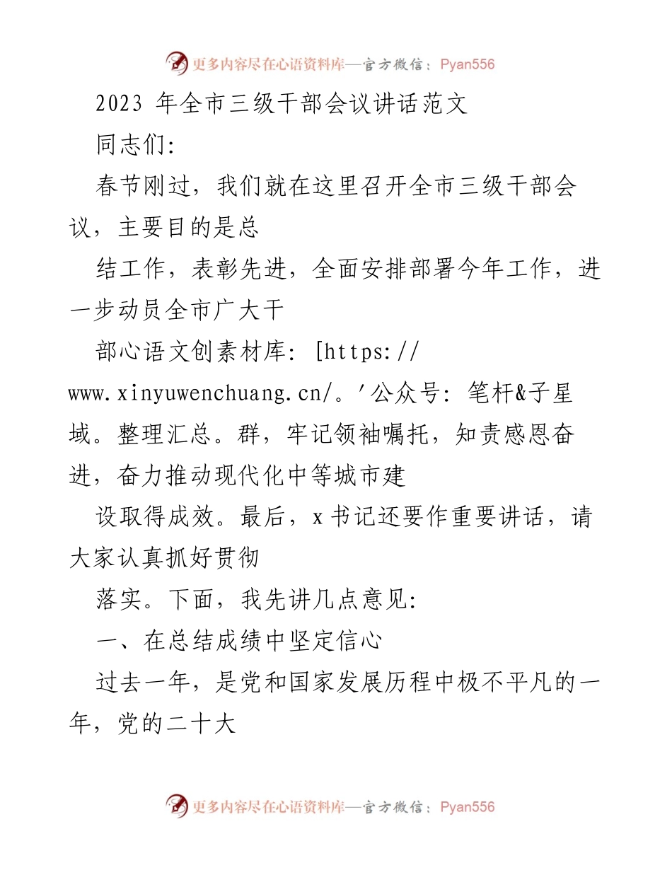 [发言] 全市三级干部会议 - 2023年全市三级干部会议讲话要点总结.docx_第1页