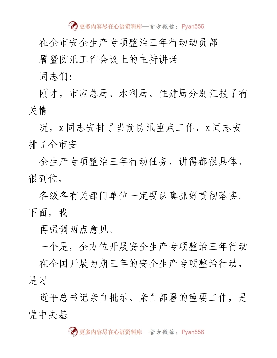 [发言] 全市安全生产专项整治三年行动动员部署暨防汛工作会议 - 强化安全生产责任，确保防汛工作落实.docx_第1页