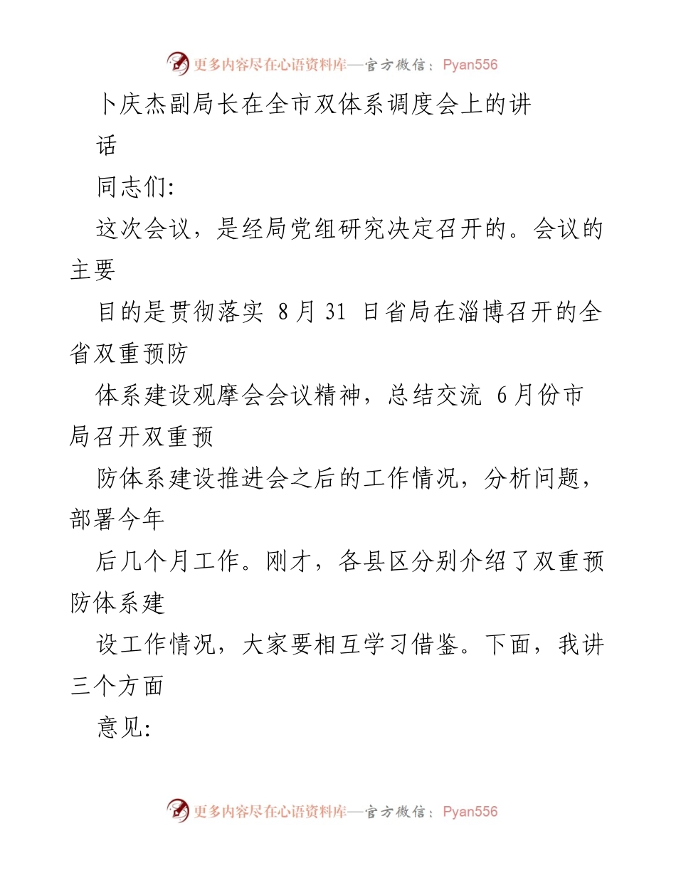 [发言] 全市双体系调度会 - 卜庆杰副局长关于双重预防体系建设的总结与部署.docx_第1页