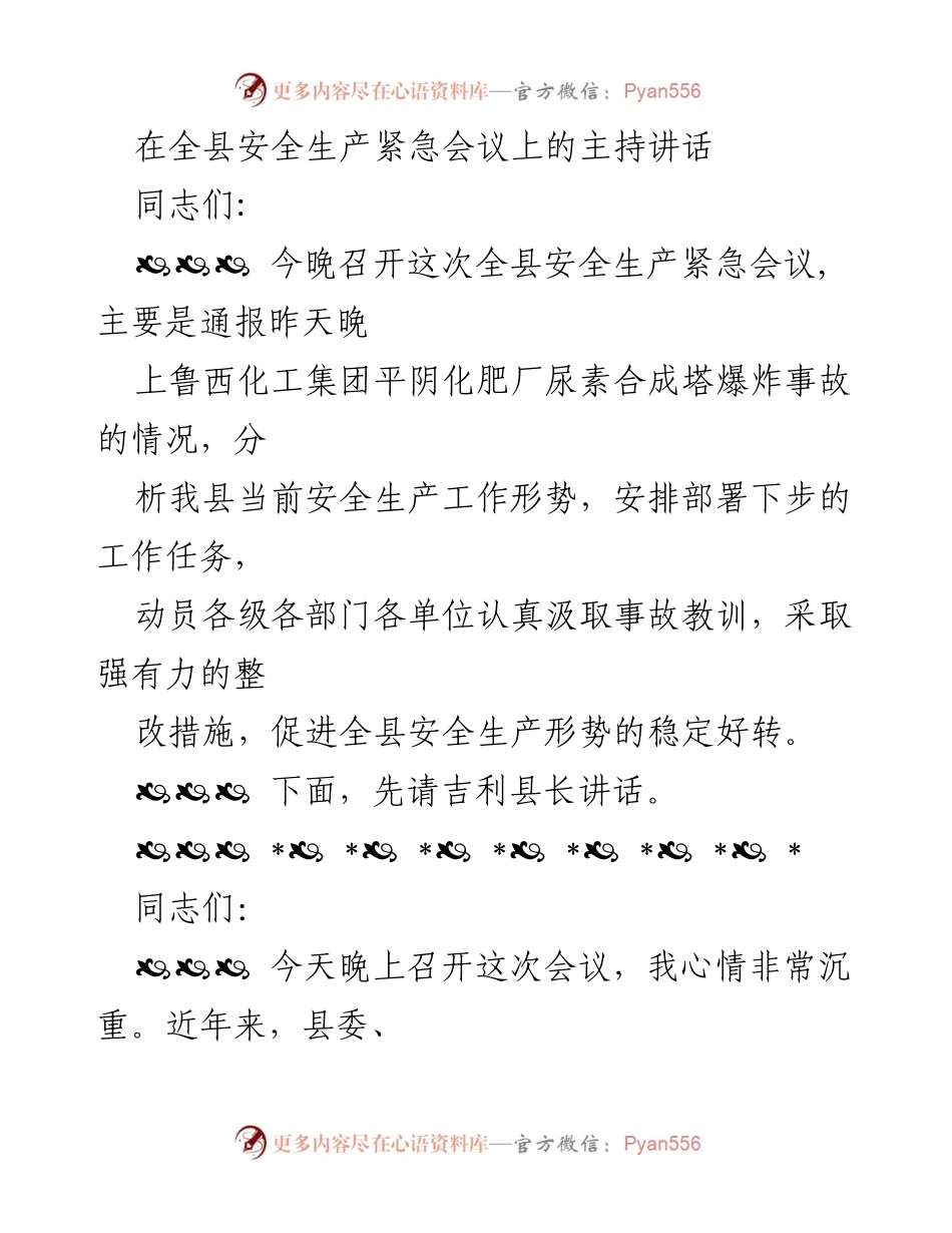 [发言] 全县安全生产紧急会议 - 加强安全生产工作，确保人民生命安全.docx_第1页