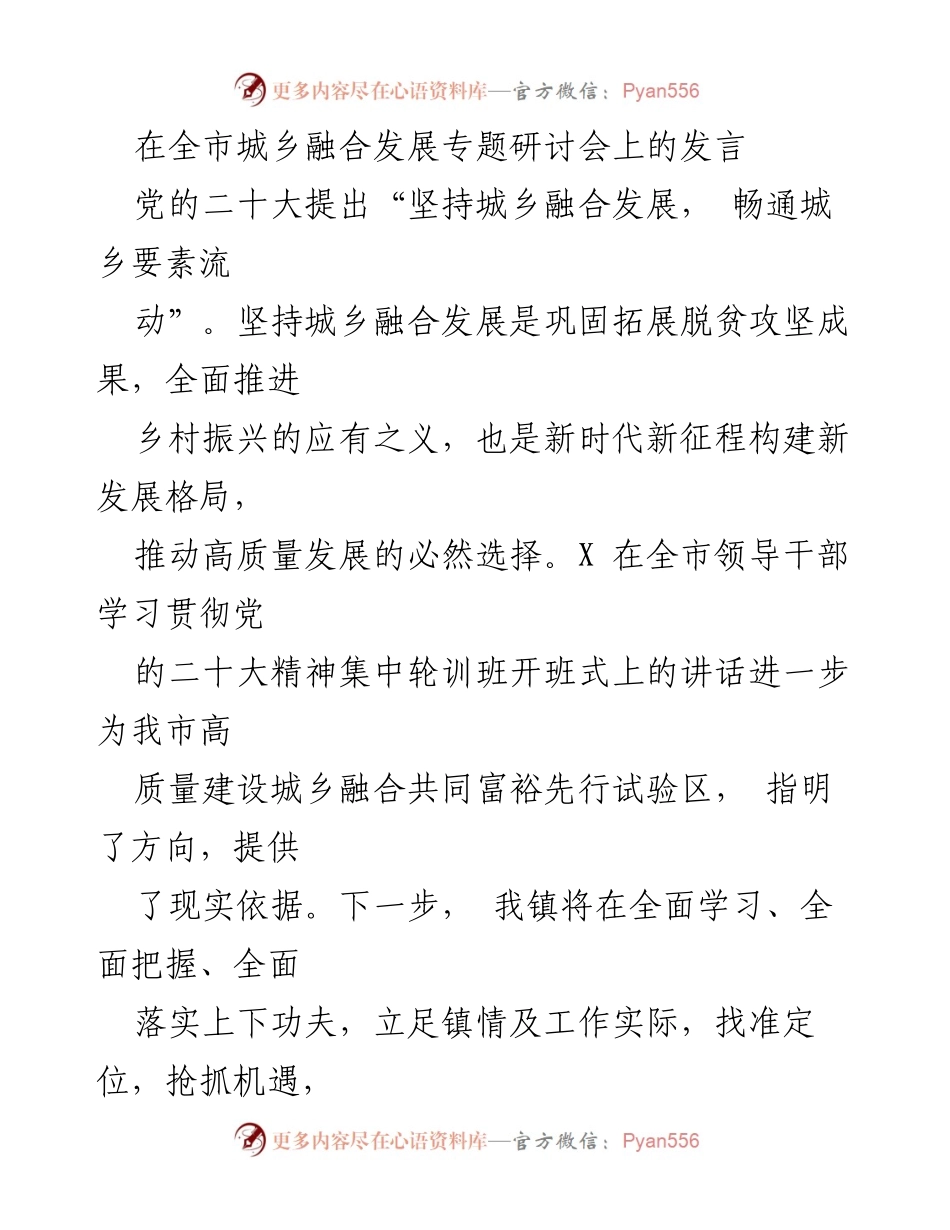 [发言] 全市城乡融合发展专题研讨会 - 推动城乡融合发展，助力乡村振兴新征程.docx_第1页