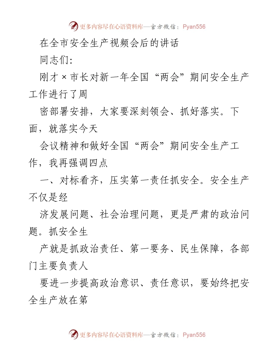 [发言] 全市安全生产视频会议 - 加强安全生产责任，确保全国“两会”期间安全稳定.docx_第1页