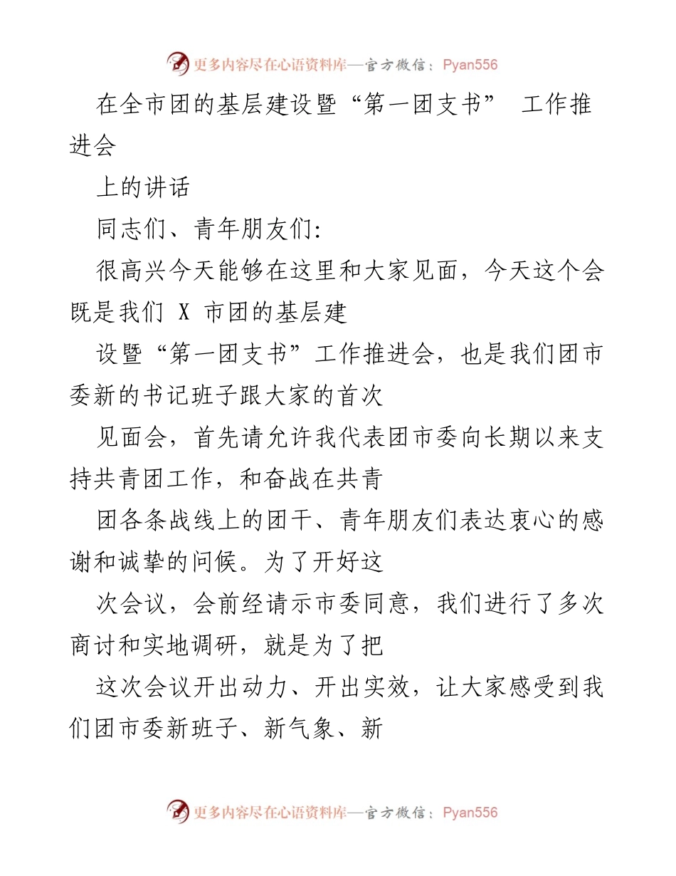 [发言] 全市团的基层建设暨“第一团支书”工作推进会 - 加强基层团建，推动团组织持续发展.docx_第1页