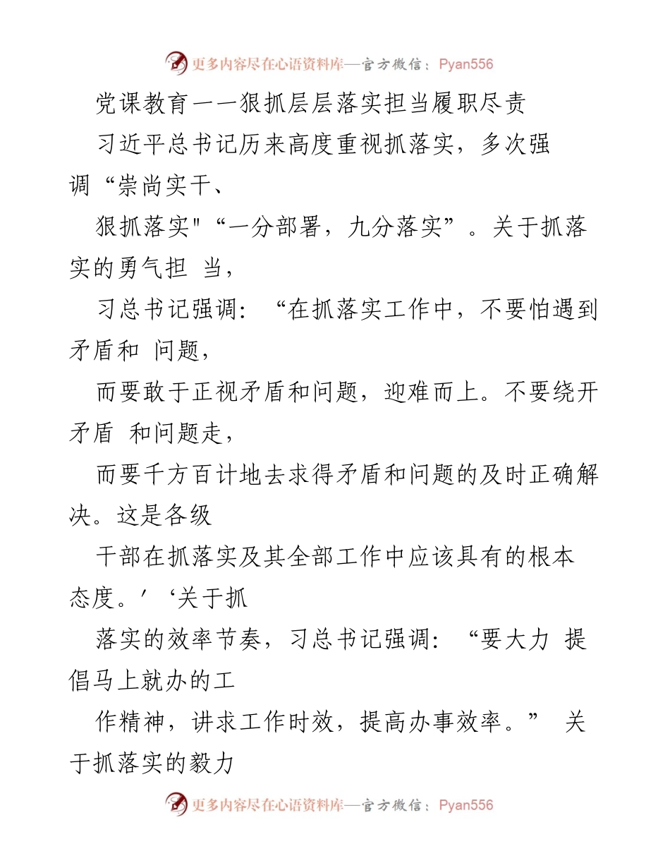 [发言] 党课教育 - 狠抓落实，勇于担当，推动工作向纵深突破.docx_第1页