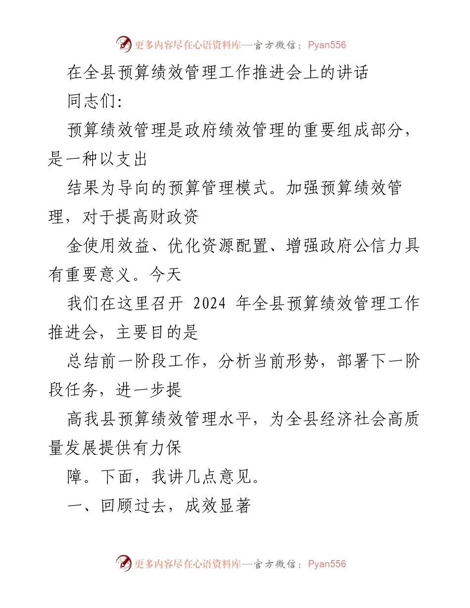 [发言] 全县预算绩效管理工作推进会 - 加强预算绩效管理，推动高质量发展.docx_第1页