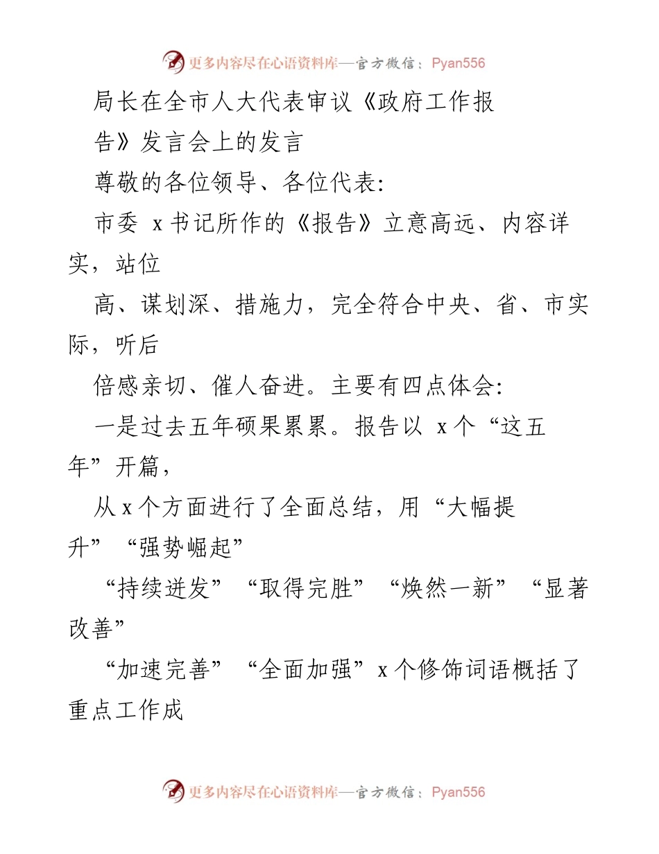 [发言] 全市人大代表审议《政府工作报告》发言会 - 局长对《政府工作报告》的深入解读与发展成就总结.docx_第1页