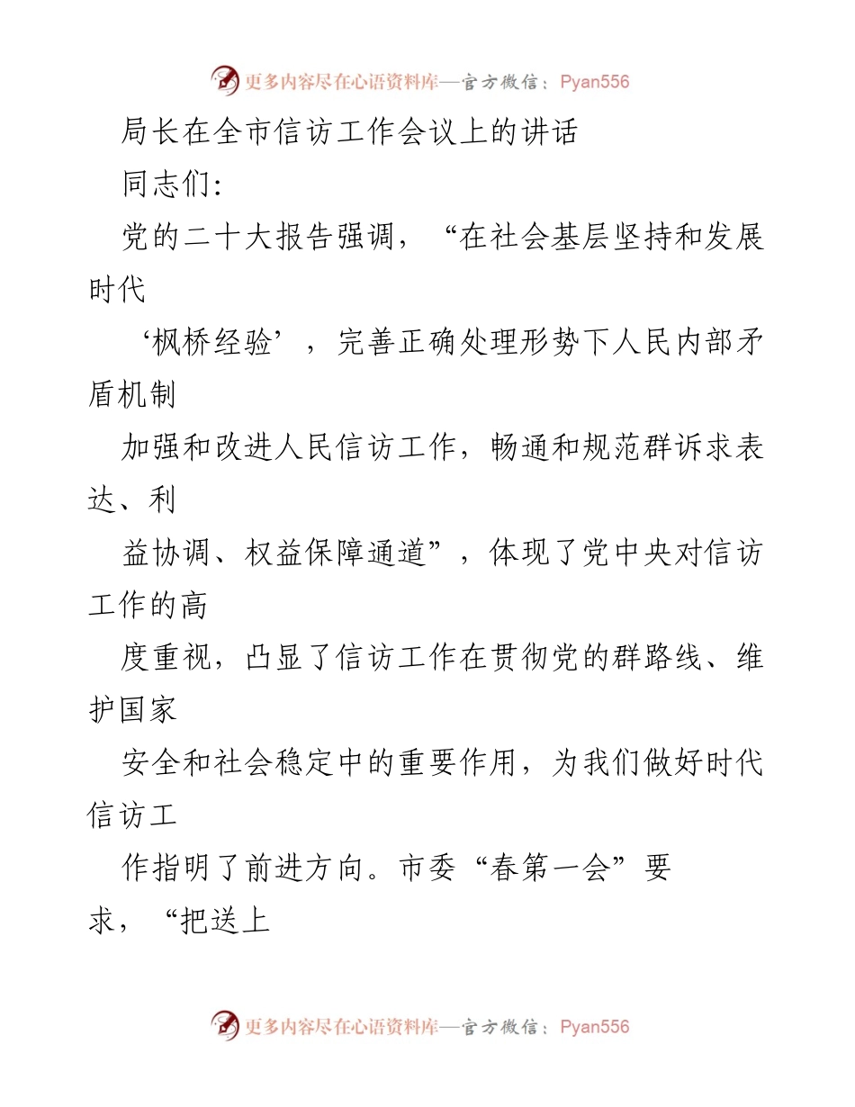 [发言] 全市信访工作会议 - 加强信访工作，维护社会稳定与民生福祉.docx_第1页