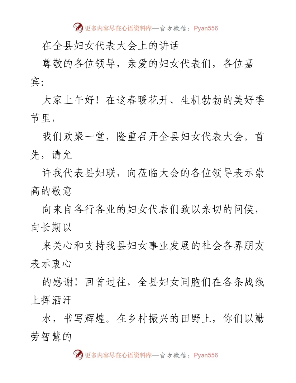 [发言] 全县妇女代表大会 - 推动新时代妇女事业发展的倡议与展望_1.docx_第1页