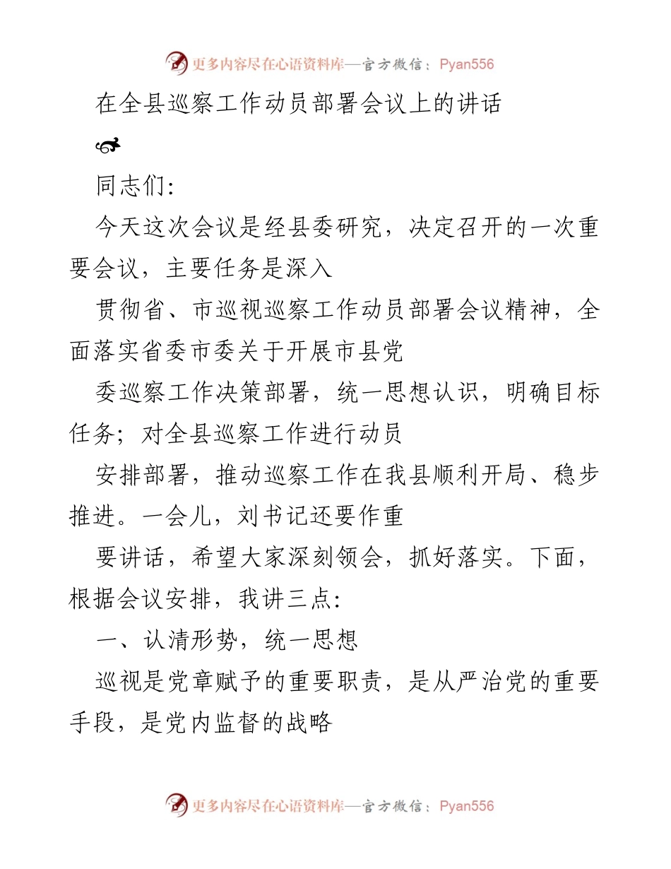 [发言] 全县巡察工作动员部署会议 - 深入推进巡察工作，确保顺利开展.docx_第1页