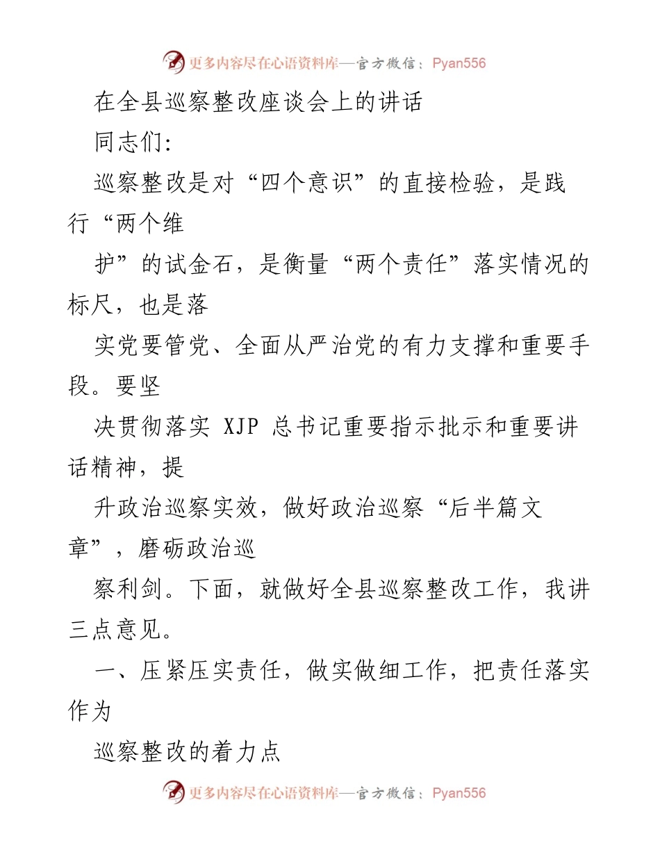 [发言] 全县巡察整改座谈会 - 强化责任落实，推动巡察整改见实效.docx_第1页