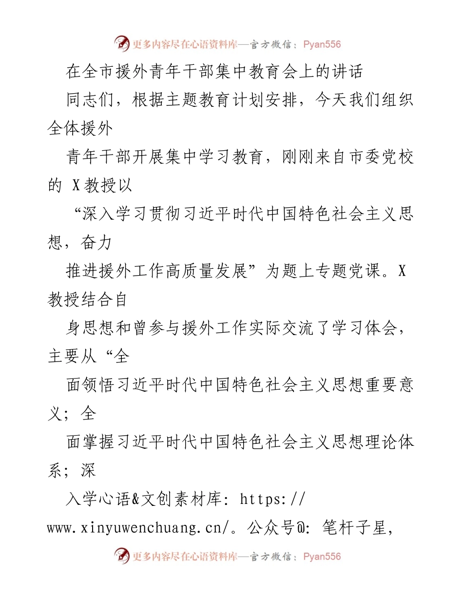 [发言] 全市援外青年干部集中教育会 - 深入学习贯彻习近平新时代中国特色社会主义思想，助推援外工作高质量发展.docx_第1页