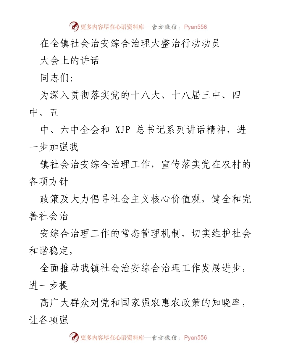 [发言] 动员大会 - 深入推进社会治安综合治理大整治行动的动员讲话.docx_第1页