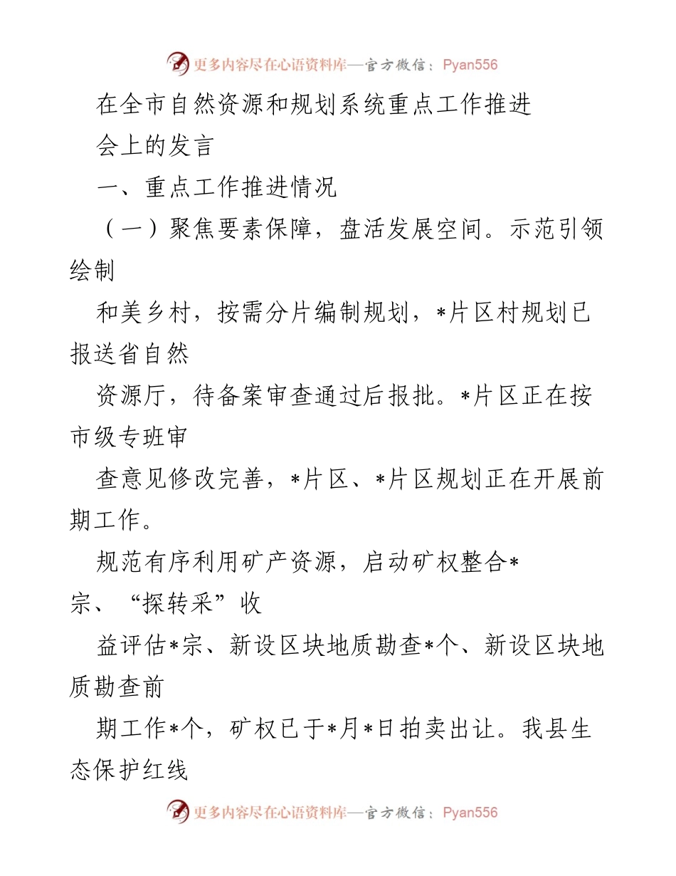 [发言] 全市自然资源和规划系统重点工作推进会 - 强化自然资源管理，推动可持续发展.docx_第1页
