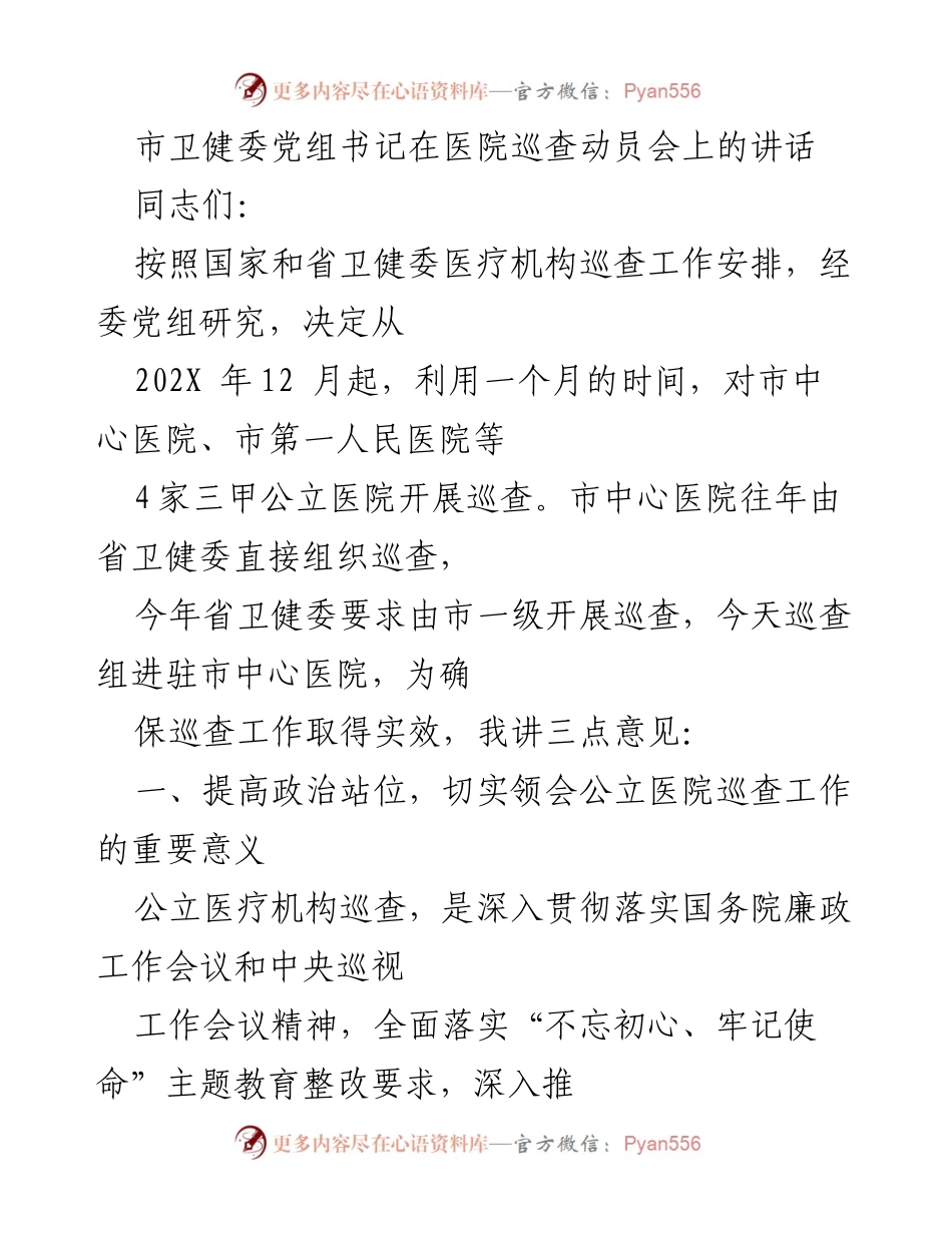 [发言] 医院巡查动员会 - 加强公立医院巡查工作的政治自觉与实效性.docx_第1页