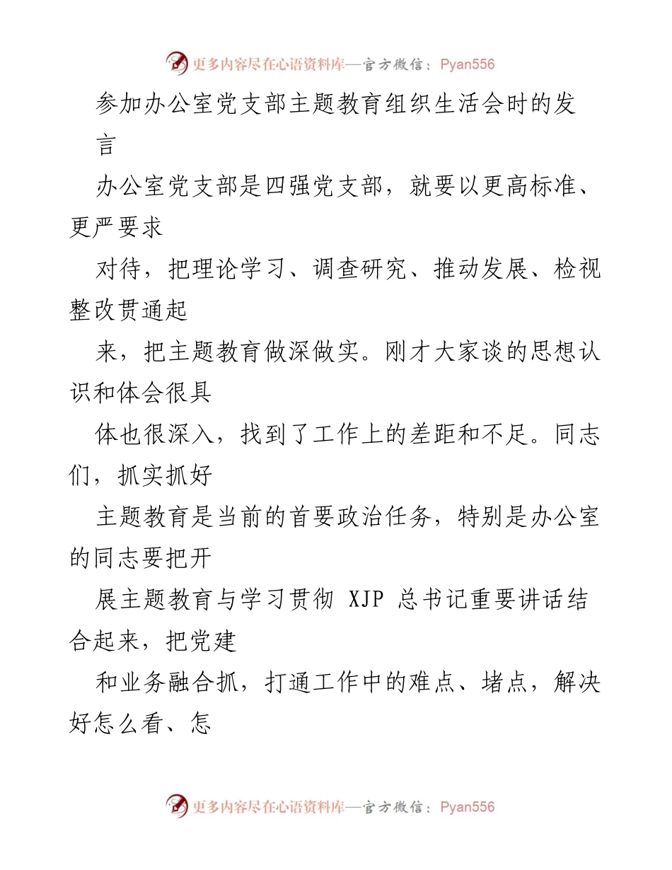 [发言] 办公室党支部主题教育组织生活会 - 深化主题教育，提升工作水平与责任担当.docx_第1页
