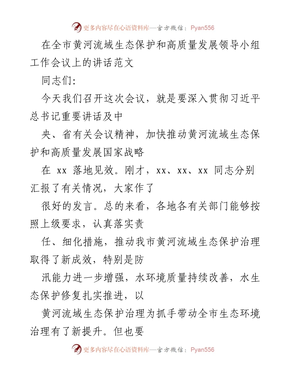 [发言] 全市黄河流域生态保护和高质量发展领导小组工作会议 - 加快黄河流域生态保护与高质量发展的责任担当.docx_第1页