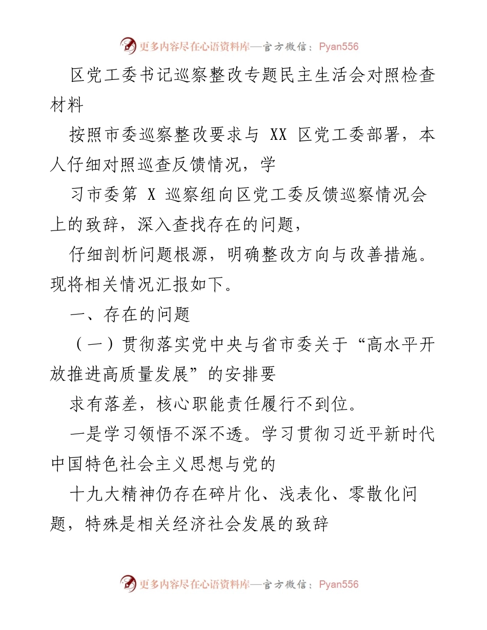 [发言] 区党工委民主生活会 - 巡察整改对照检查发言材料.docx_第1页